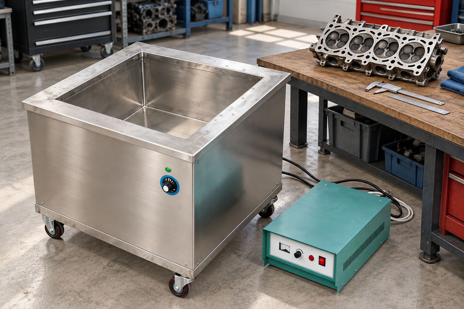 Illustrative cylinder head fit assessment beside an open ultrasonic cleaning tank